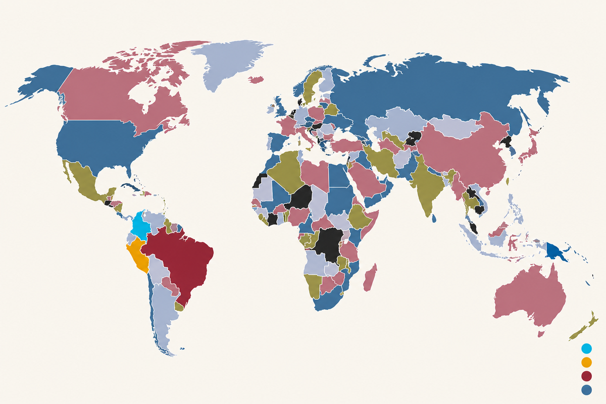 World map showing Irving Farm coffee origins: Colombia, Peru, Brazil and Papua New Guinea