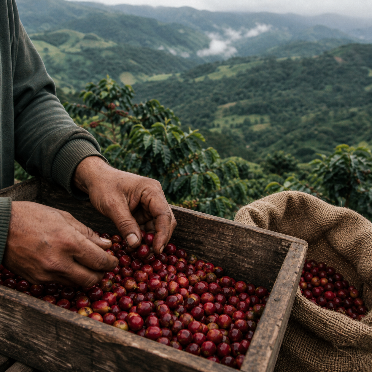 Coffee cherries sorted by hand